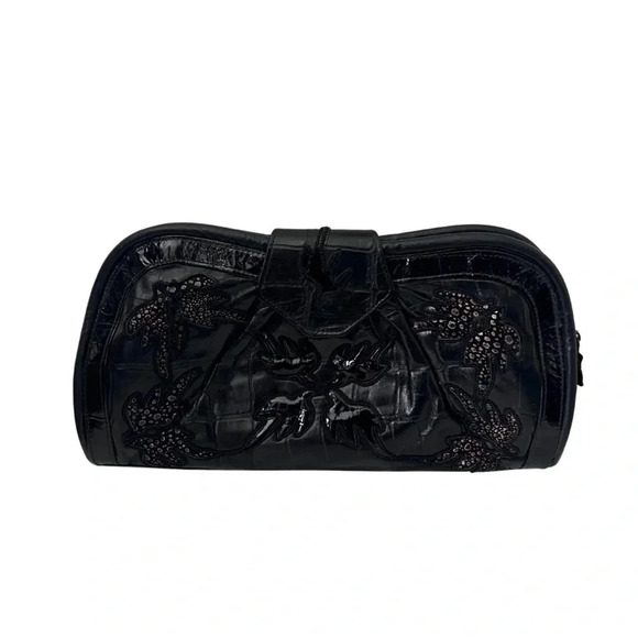 Vintage | Gregory | Embroidered Black And Bronze Leather  Large Clutch - Picture 1 of 10